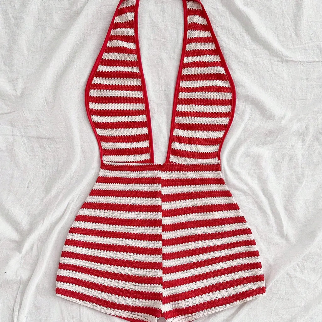 Women's New Fashion Comfortable Versatile Casual Deep V Neck Halter Striped Knit Chic Romper Vest Jumpsuit Shorts Set, Stylish All-Season Wear, Womenswear