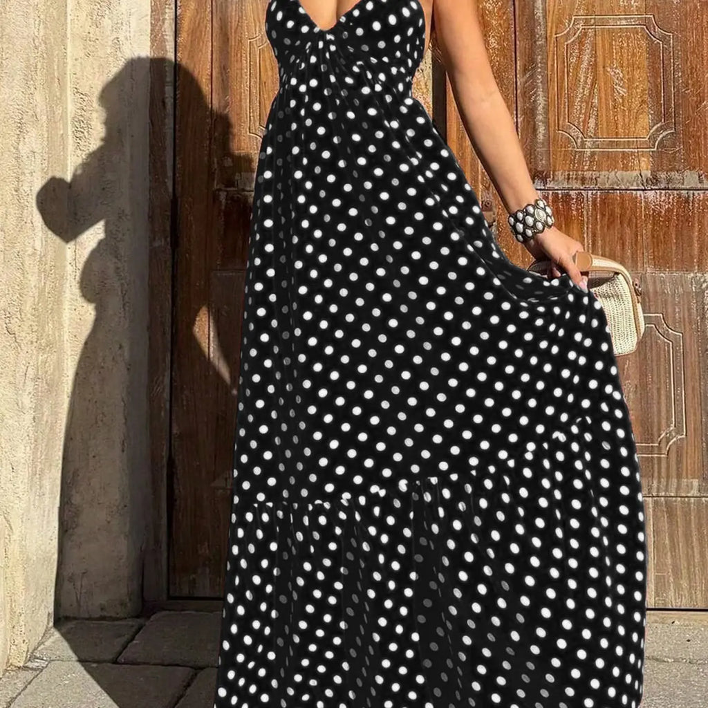 Polka Dot Halter Maxi Dress with Deep V-Neck, Open Back Tie Closure and Tiered Hem, Empire Waist Flowy Elegant Classy Flattering Long Dress for Summer, Vacation and Evening Wear