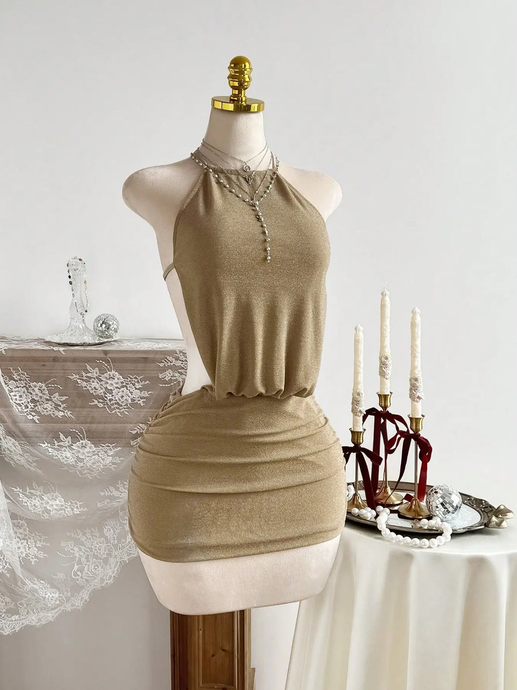 Slimming Curve-Enhancing Ultra-Short Cocktail Party Dress, Halter Neck Backless Pleated Dress, Stretchy Comfortable Fabric, Fit, Perfect for Parties, Vacations, Dates