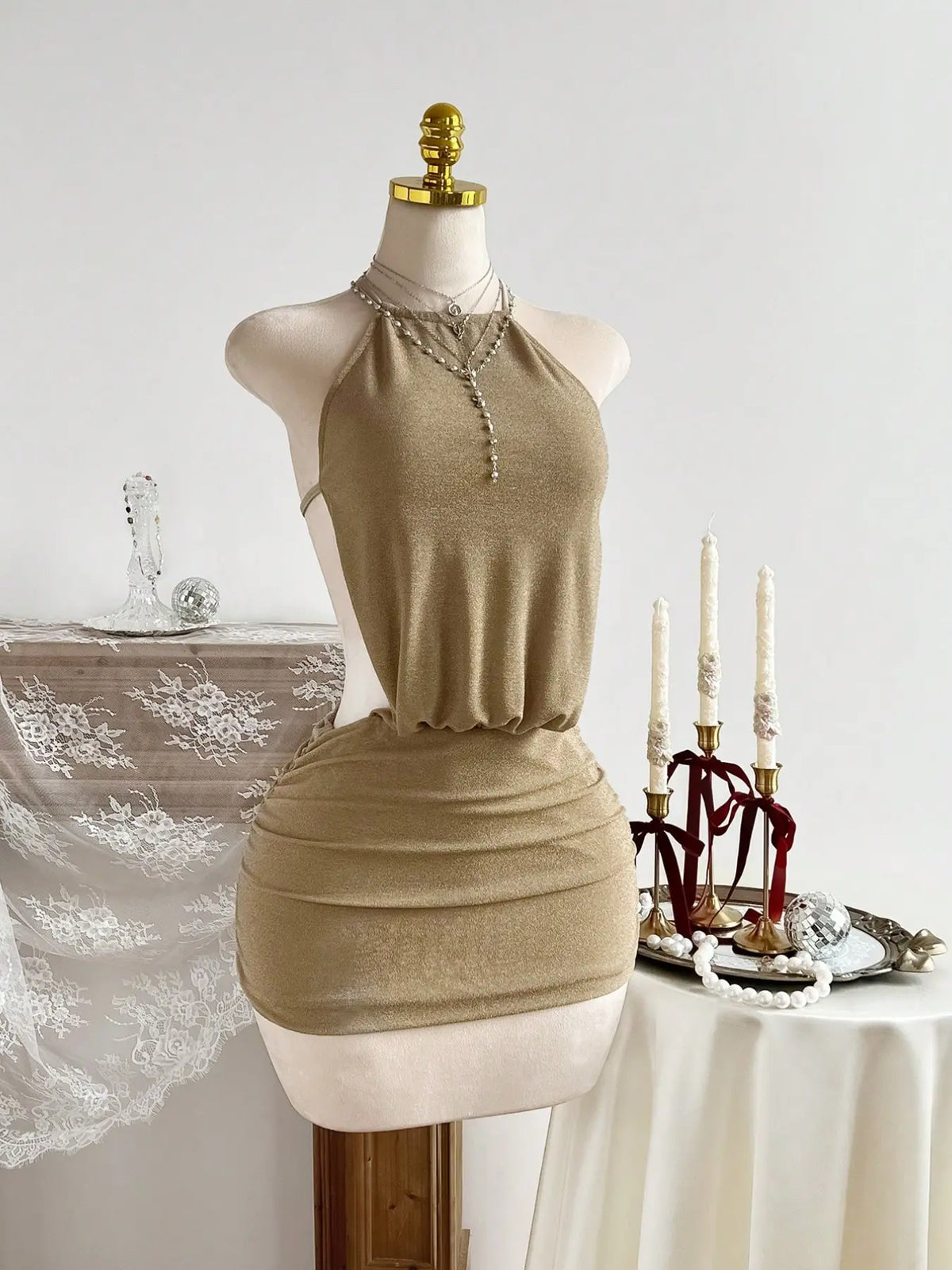 Slimming Curve-Enhancing Ultra-Short Cocktail Party Dress, Halter Neck Backless Pleated Dress, Stretchy Comfortable Fabric, Fit, Perfect for Parties, Vacations, Dates