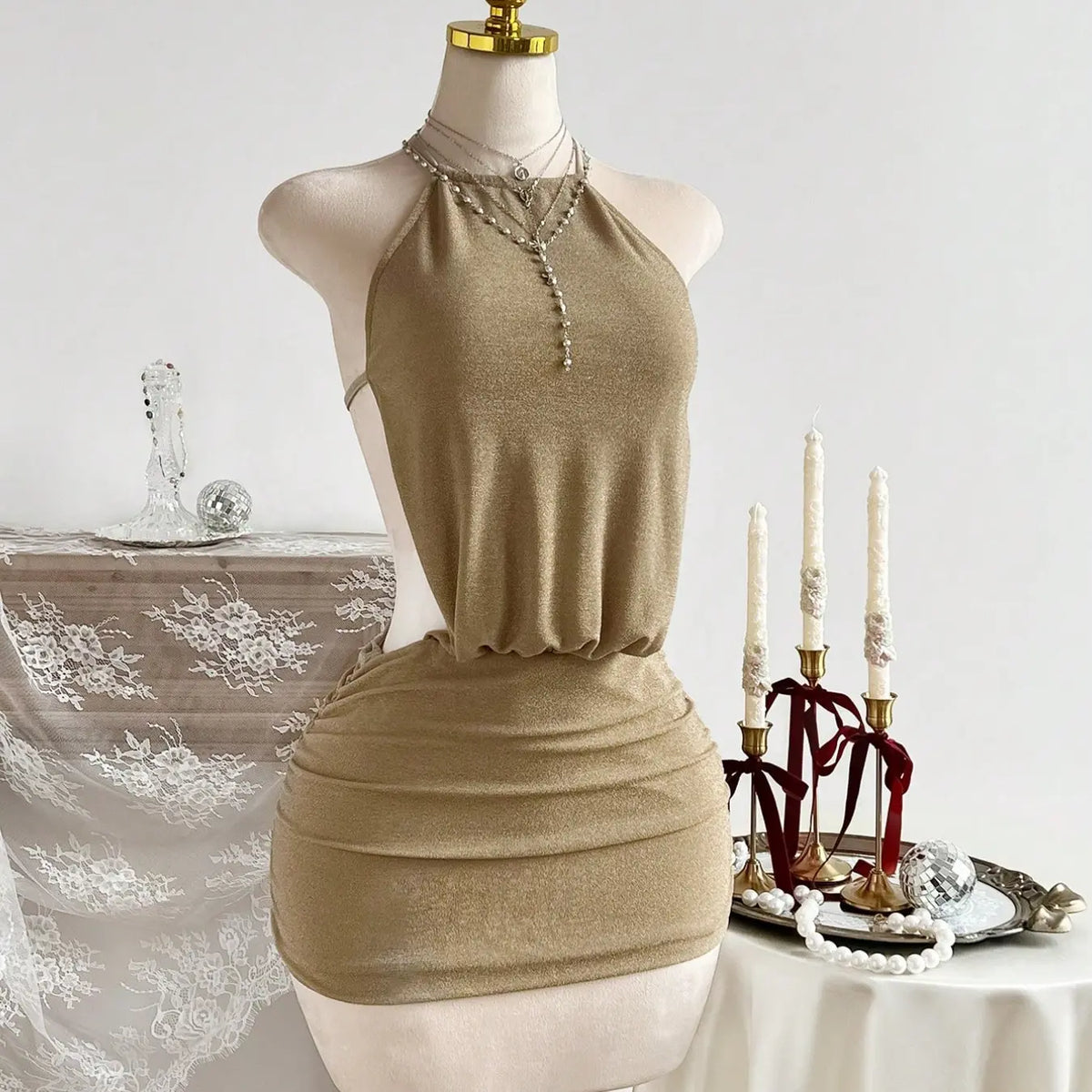 Slimming Curve-Enhancing Ultra-Short Cocktail Party Dress, Halter Neck Backless Pleated Dress, Stretchy Comfortable Fabric, Fit, Perfect for Parties, Vacations, Dates