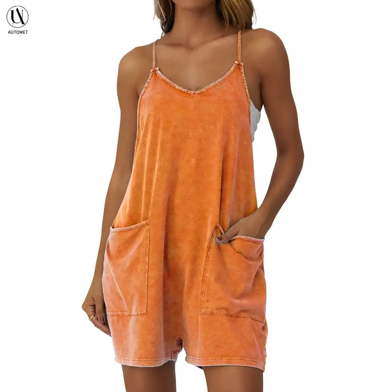 AUTOMET Women's Minimalist Acid Wash Cotton Blend Jumpsuit, Casual Comfy Spaghetti Strap Summer Romper with Pockets, Fashion Apparel, Clothes Products, Women's Clothes, Minimalist Vibe, One-Piece Romper Ease