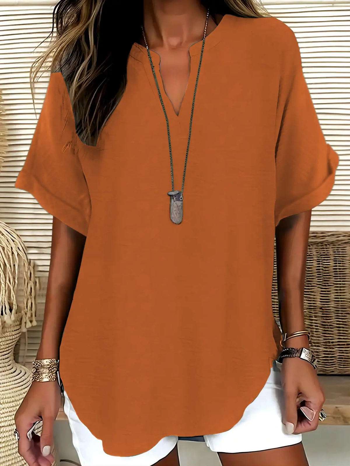 Women's Simple Basic Vintage Elegance Solid V-Neck Short Sleeve Batwing Shirt Blouses, Casual Loose-Fitting Lightweight Pullover, 100% Polyester, All Seasons Fashion Top Minimalist, Casual Daily Tops