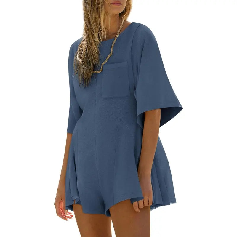 Imily Bela Rompers for Women Spring Outfits Summer Casual Short Sleeve Crew Neck Loose Jumpsuits with Pocket