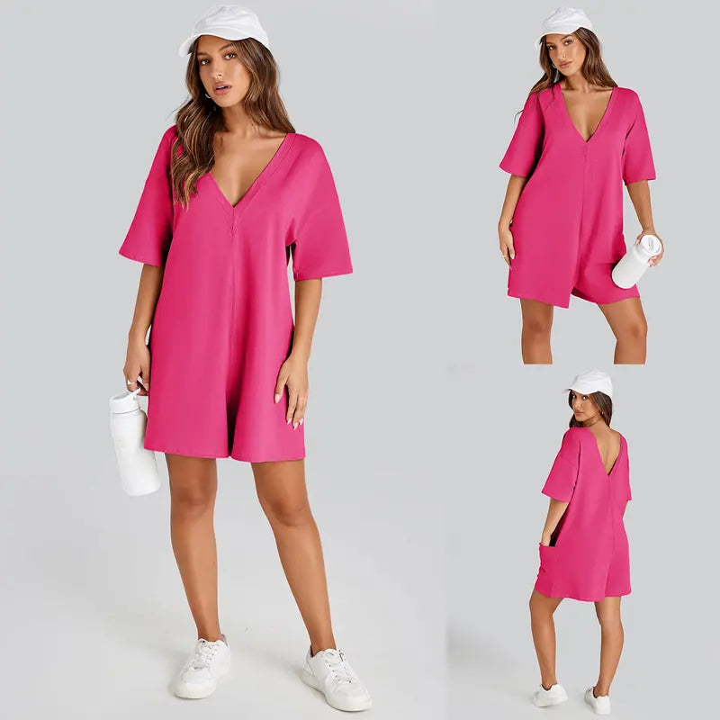 KingApril Women’s Oversized Rompers/Jumpsuits with V-Neck Back, Casual Athletic Workout T‑Shirt One‑Piece Activewear, Summer Vibes, Spandex, Ribbed,sohochic