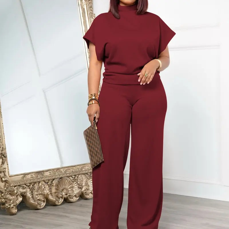 USBoutique Chic Women Summer Lightweight And Silky Soft Set Two Piece Casual Set Short Sleeved Semi High Neck Loose Top Wide Leg Pants Set