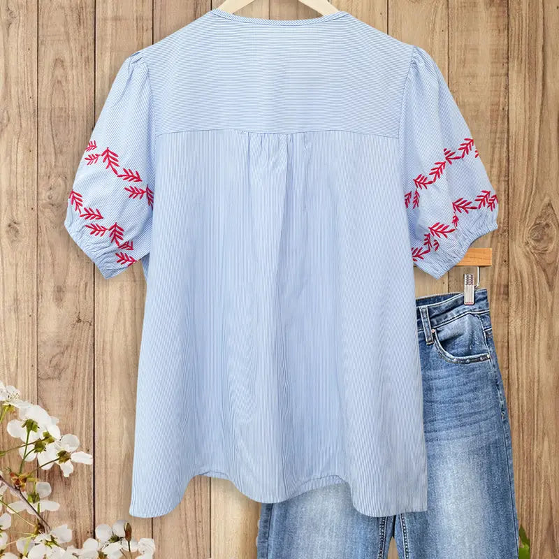 Women's SageVell Trending Boho Striped Blue-Khaki Blouse - Lady's Chic V-Neck Puff Sleeve Top with Delicate Red Floral Embroidery, Soft Fabric, Boho Clothes (Medium)
