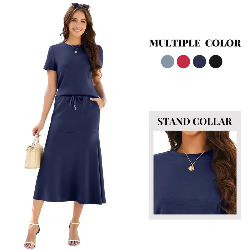 Casly Lamiit Women's 2-Piece Soft Fabric Crew Neck Cap Sleeve Top & Drawstring Midi Skirt Set with Pockets, Summer Lounge Basics Outfits