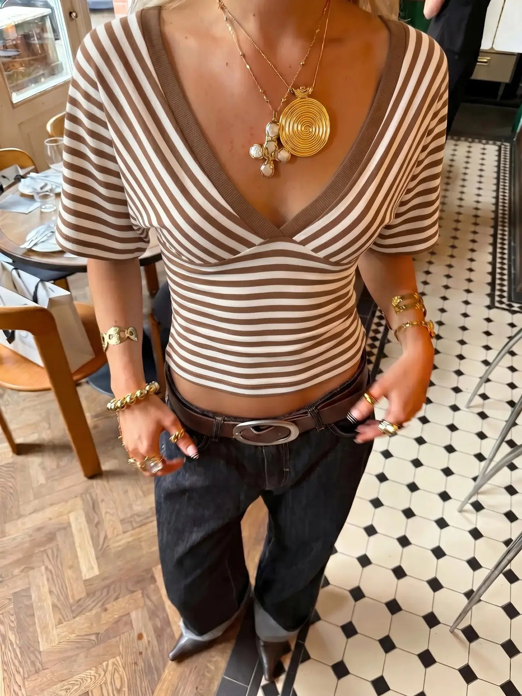 Striped V-Neck Wrap Top, Form-Fitting Puff Sleeve Y2K Crop Blouse, Stylish, Comfortable and Fashion Piece for Everyday Wear, Casual Everyday Tops