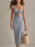 Women's Cut Out Backless Knot Front Twist Ribbed Spaghetti Strap Cami Sleeveless Dress, Solid Adjustable Strap Split Thigh Chic Long Fit Dress for Party Club Dating Wear, Ladies Summer Clothes Womenswear