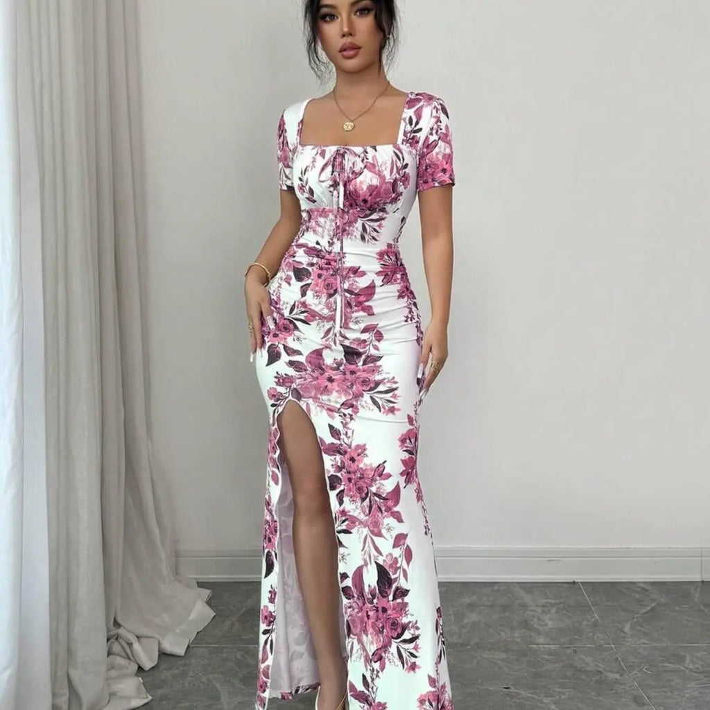 Women's Summer Split Hem Short Sleeve Long Formal Dress, Elegant Waist Cinch Dress for Vacation, Beach & Holiday, Floral Print Evening Gown, Dress Up Gown, Printed Dress