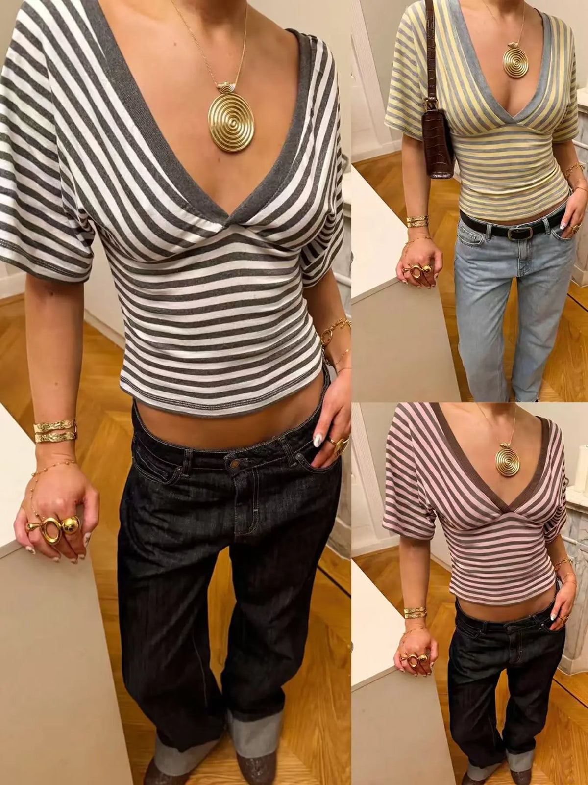 Striped V-Neck Wrap Top, Form-Fitting Puff Sleeve Y2K Crop Blouse, Stylish, Comfortable and Fashion Piece for Everyday Wear, Casual Everyday Tops