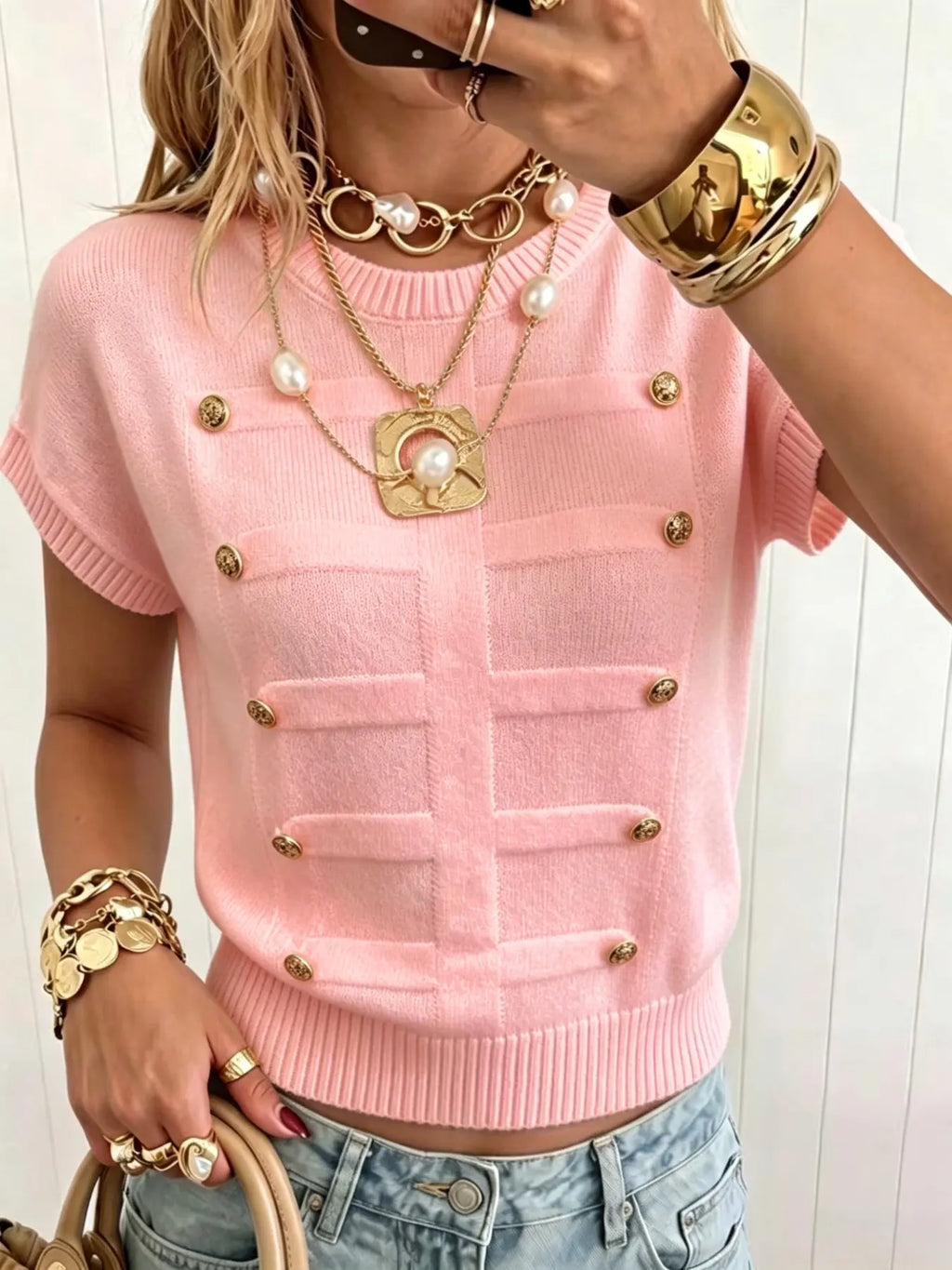 Elegant Loose-Fitting Plain Round Neck Metal Button Short Sleeve Pullover Loose Tops for Daily and Everyday Wear