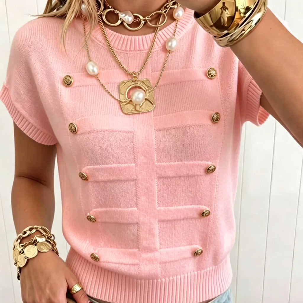 Elegant Loose-Fitting Plain Round Neck Metal Button Short Sleeve Pullover Loose Tops for Daily and Everyday Wear