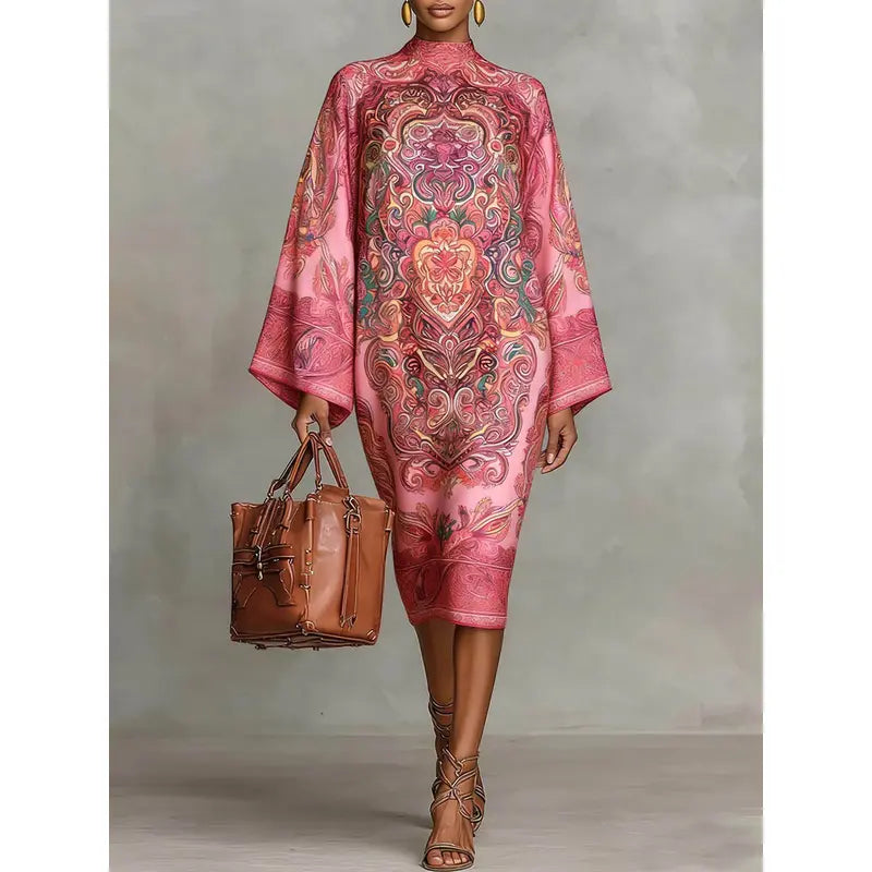 Women's 2026 New Spring Autumn Vintage Elegant Printed Mock Neck Midi Dress, Long Sleeves Loose Contrast Color Elegant Evening Midi Dresses Robe Womenswear
