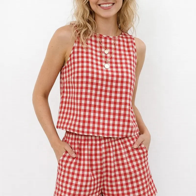 IDEALSANXUN Women's Cute 2-Piece Casual Knit Set - Ribbed Knit Gingham Tank Top with Button Accent, Matching Checkered Shorts, Cropped, Soft Lightweight Cotton, Elastic Waist, Summer Beach Outfit, Two Piece Sets