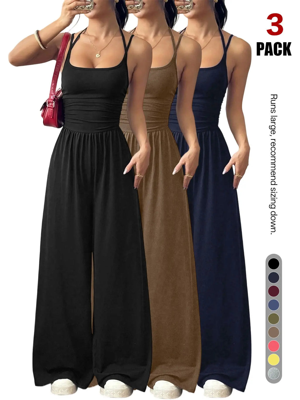 Women's Backless Jumpsuit, Basic Spaghetti Strap Smocked Bodice One Piece Romper, Sleeveless Wide Leg Casual Outfit, No Pockets, All Seasons Vacation Wear