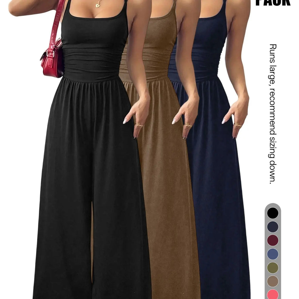 Women's Backless Jumpsuit, Basic Spaghetti Strap Smocked Bodice One Piece Romper, Sleeveless Wide Leg Casual Outfit, No Pockets, All Seasons Vacation Wear