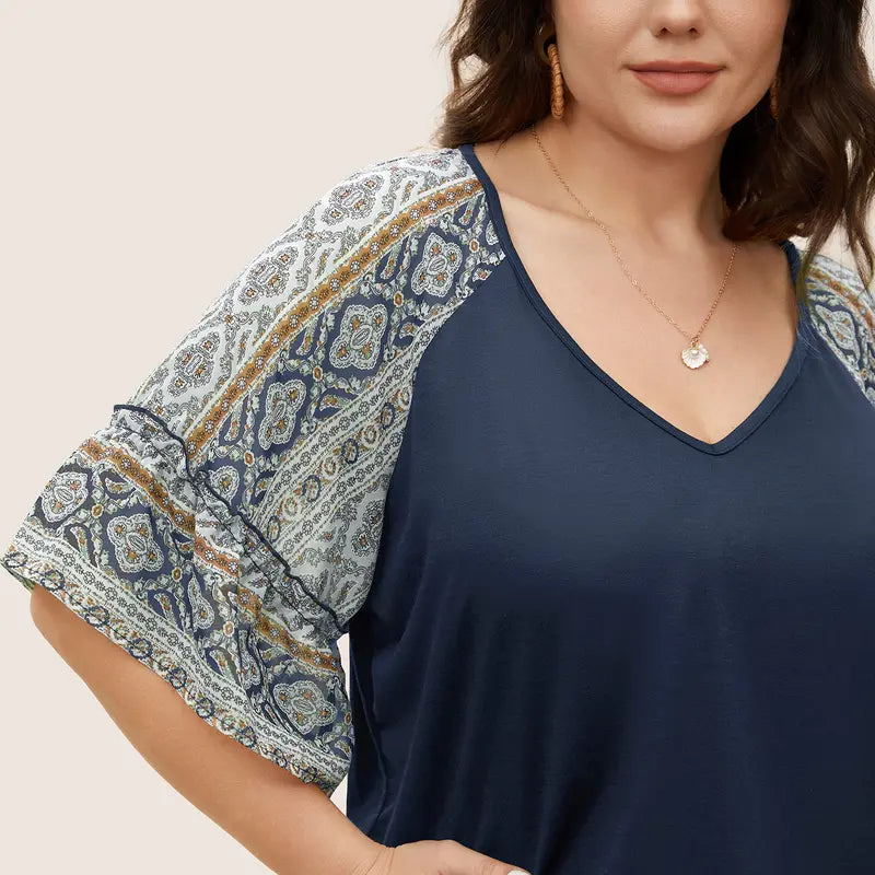 BloomChic Boho Print Patchwork Raglan Sleeve T-shirt 【M-6XL】