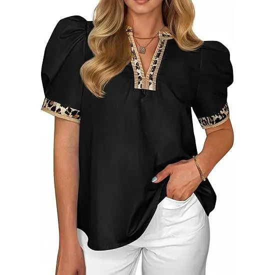 TANKANEO Women's Elegant Chic V-Neck Puff Sleeve Polyester Blouse - Dressy Tops for Coffee, Party, Summer, Loose Fit with Floral or Leopard Prints, Blouses for Women