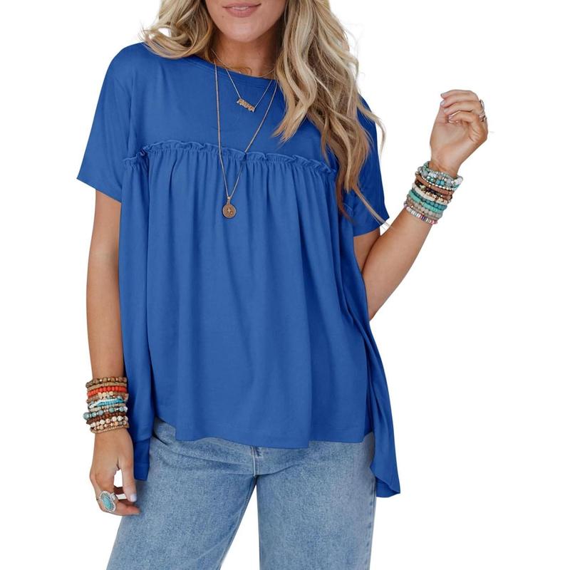 Imily Bela Womens Summer Babydoll Tunic Tops Pleated Short Sleeve Crew Neck Peplum T Shirts Casual Loose Fit Outfits Womenswear Blouse church outfit Breathable Chic