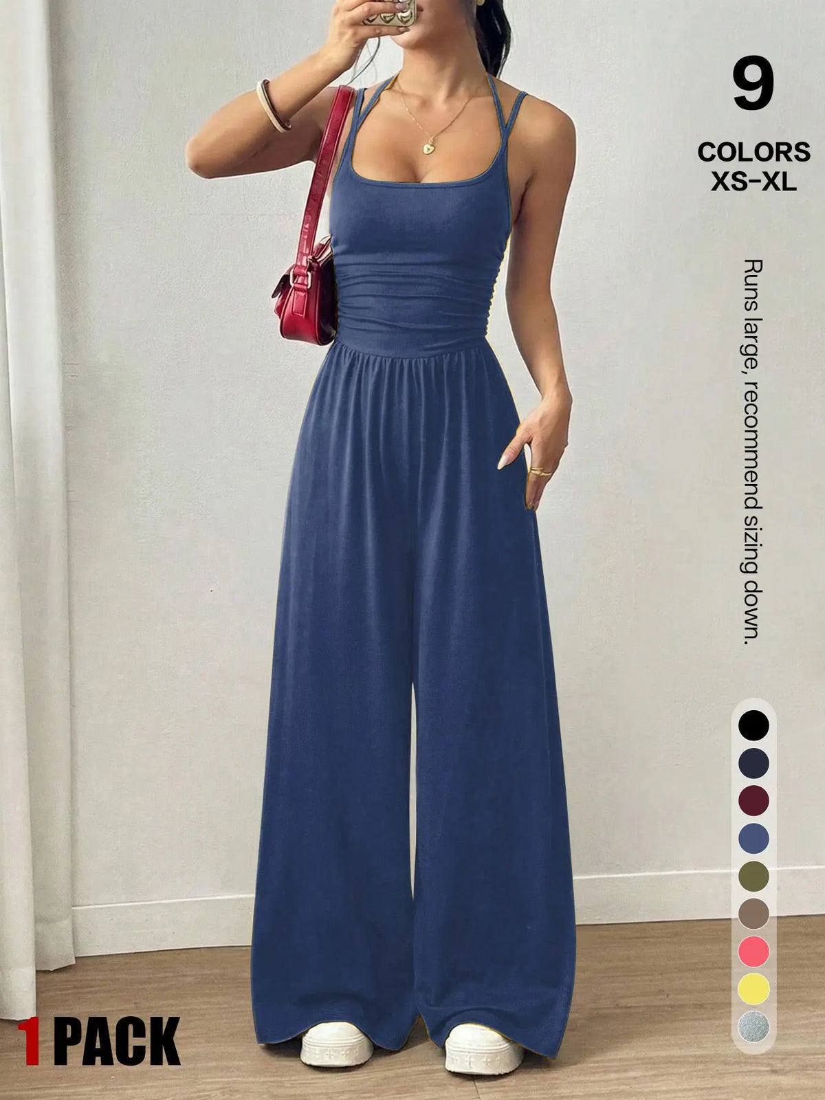 Women's Backless Jumpsuit, Basic Spaghetti Strap Smocked Bodice One Piece Romper, Sleeveless Wide Leg Casual Outfit, No Pockets, All Seasons Vacation Wear