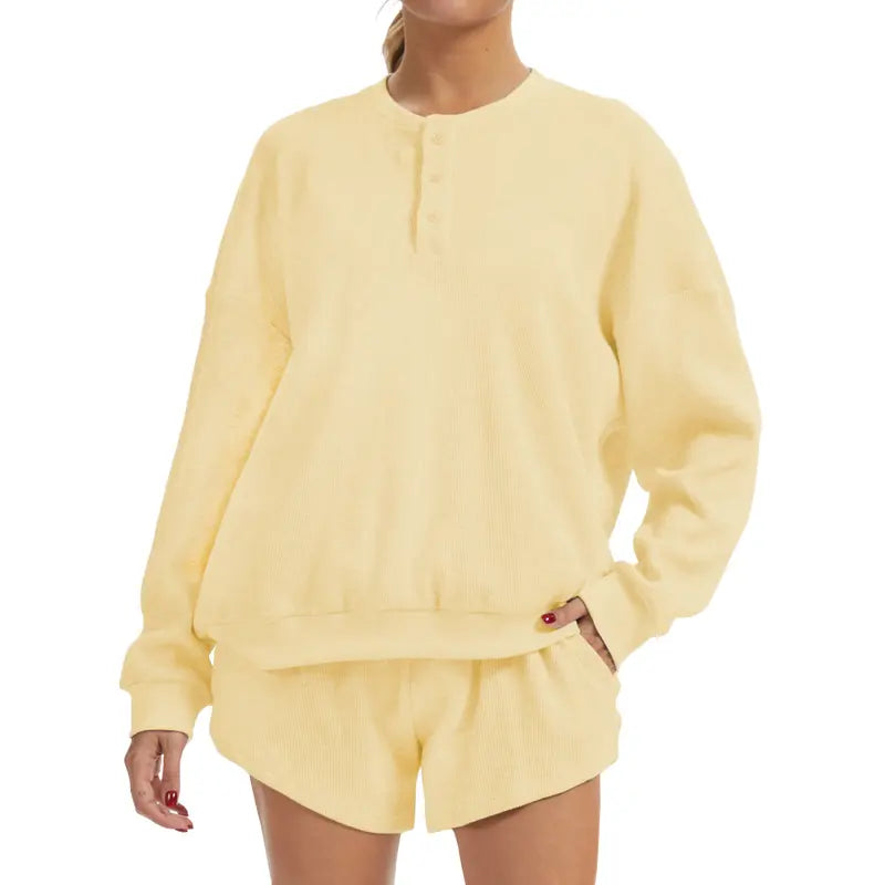 AnotherChill Women's Oversized Waffle Knit Lounge Set - Long Sleeve Henley Sweatshirt and High Waisted Shorts 2 Piece Casual Outfit Baggy Button #sohochic