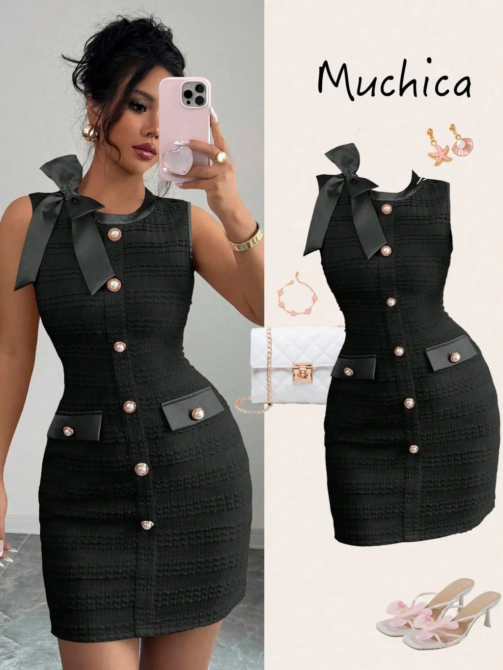 Women's Elegant Chic Formal Sleeveless Bodycon Short Dress, Satin Bow Decor, Pearl Metal Buckle, Perfect for Date, Romantic Occasions, Party, Womenswear
