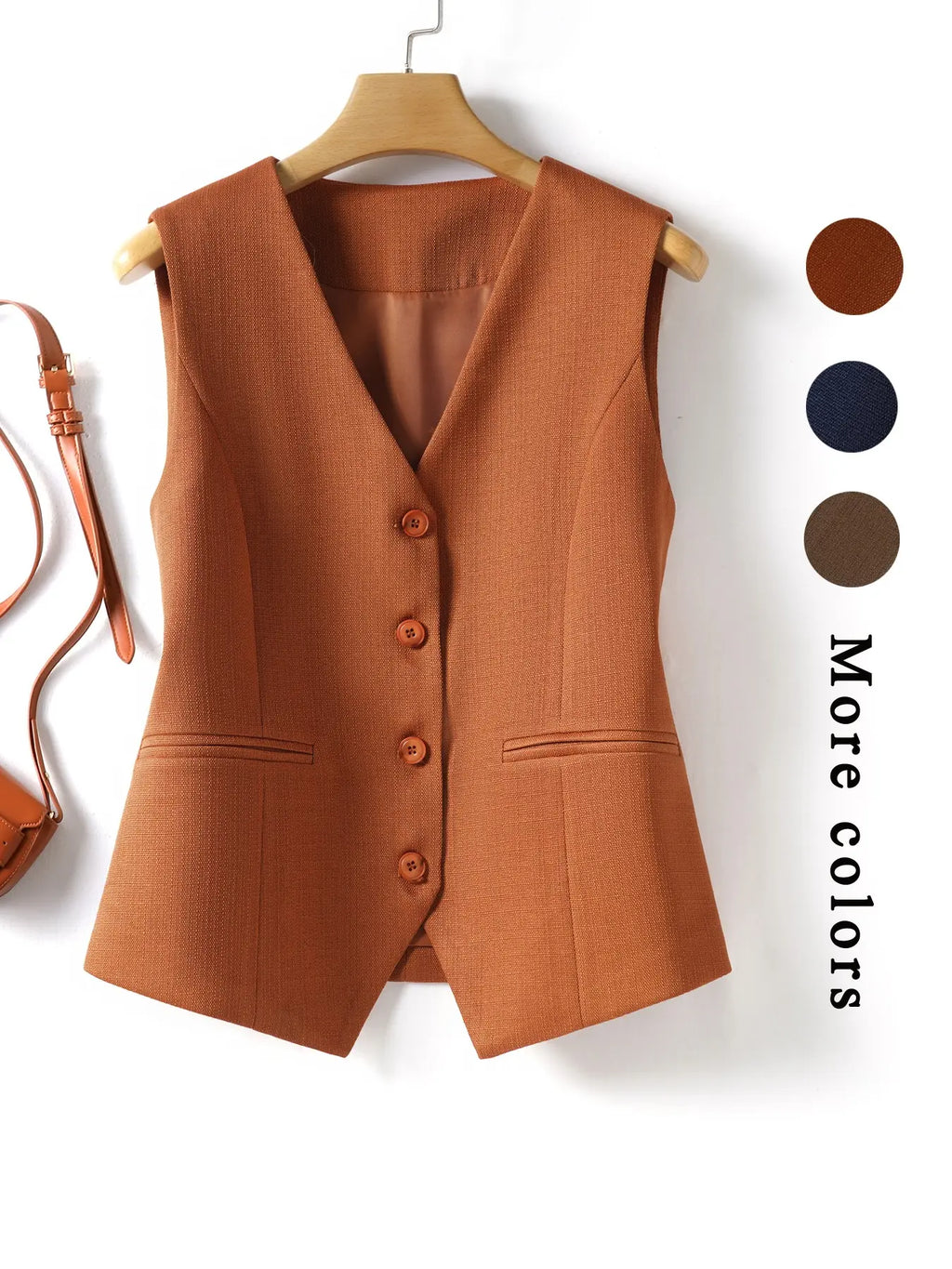 Women's V-Neck Button Gilet, Button Front Vest, Short Elegant Vest for Spring & Fall, Casual Plain Surface Outerwear, Fashionable Slim Fit Top