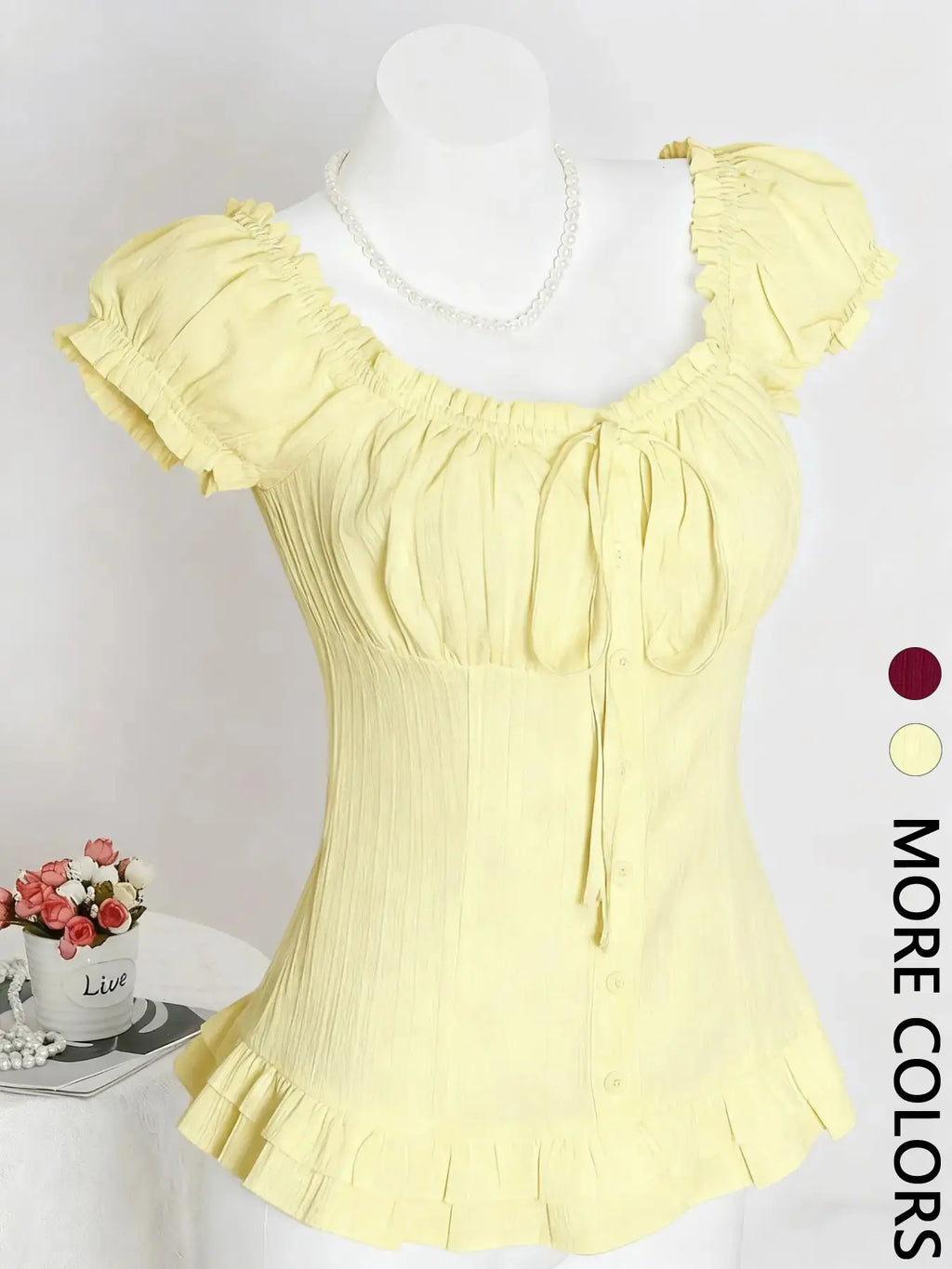 Women's Square Neck Puff Sleeve Button Front Blouse, Ruched Detail Ruffle Hem Slim Fit, Elegant Casual Daily Work Wear