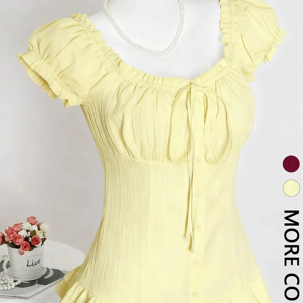 Women's Square Neck Puff Sleeve Button Front Blouse, Ruched Detail Ruffle Hem Slim Fit, Elegant Casual Daily Work Wear