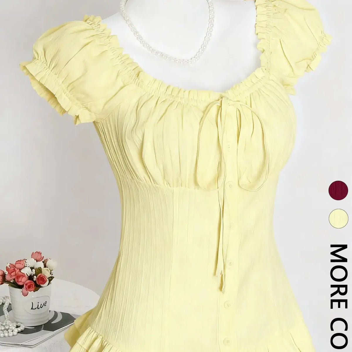 Women's Square Neck Puff Sleeve Button Front Blouse, Ruched Detail Ruffle Hem Slim Fit, Elegant Casual Daily Work Wear