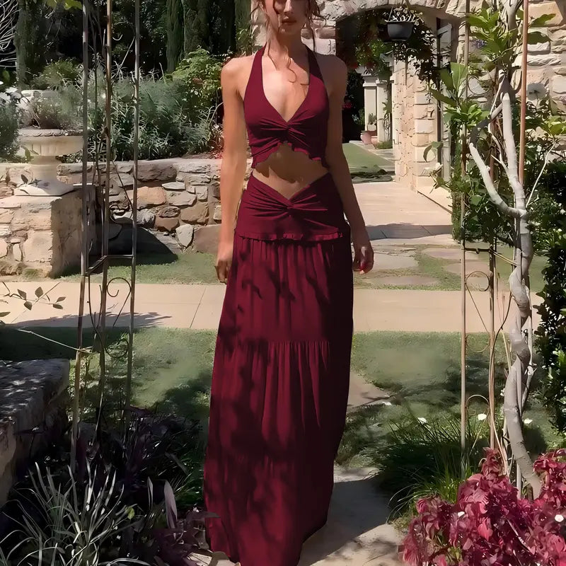 Backless Crop Top & Ruched Skirt Two Pieces Set Women's 2026 Summer & Fall New Clothes Sleeveless Halter Neck Top & Skirt Ladies Holiday Vacation Beach Lightweight Outfits Solid Color Skirt Suit