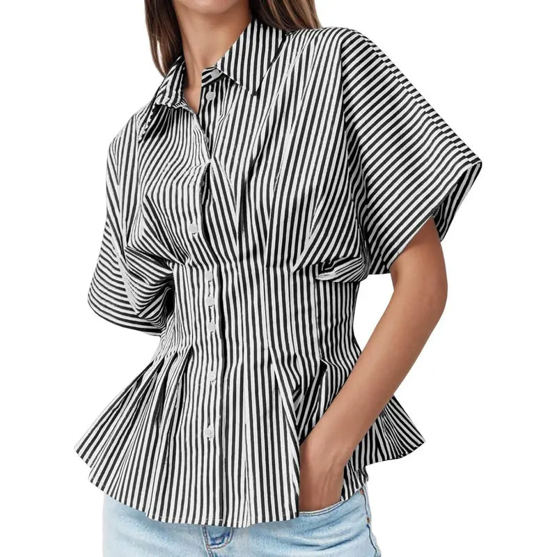 TANKANEO Women's Striped Peplum Button-Down Blouse - Short-Sleeve Batwing, Fitted Waisted, Pleated Polyester Shirts for Women, Flattering Everyday Tops, Breathable Casual Summer Business Wear