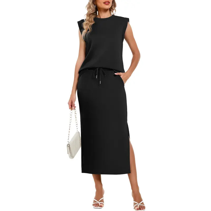 Casly Lamiit Women's 2-Piece Soft Fabric Crew Neck Cap Sleeve Top & Drawstring Midi Skirt Set with Pockets, Summer Lounge Basics Outfits