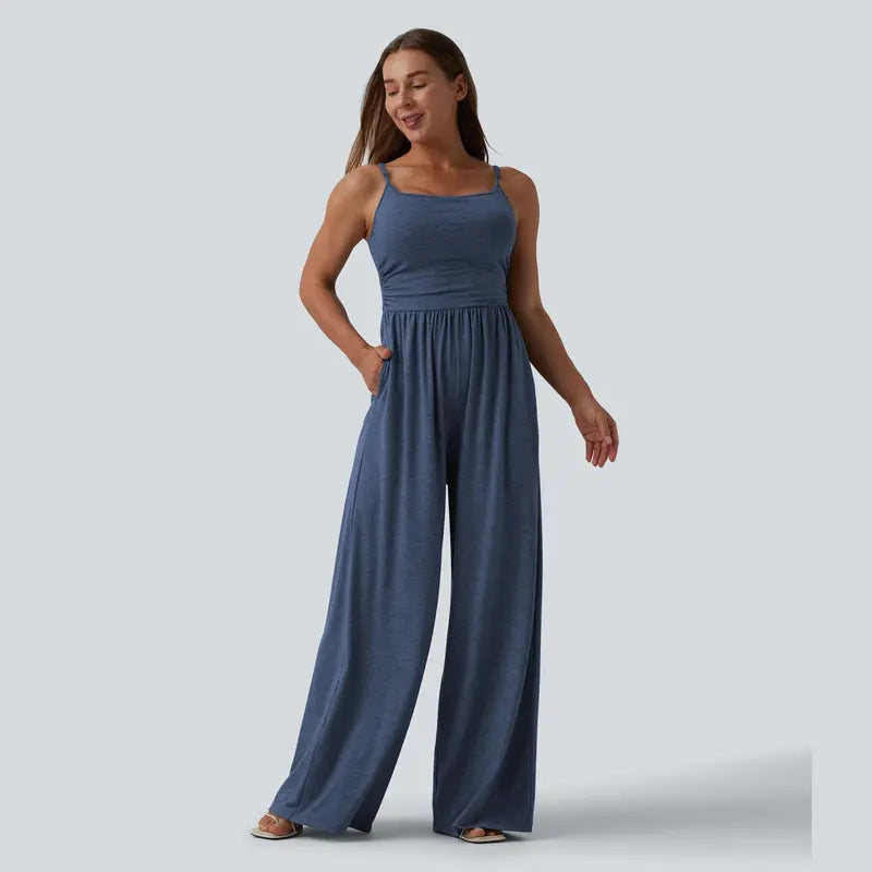 Halara Adjustable Straps Ruched Wide Leg Heathered Casual Jumpsuit with Pockets-Easy Peezy