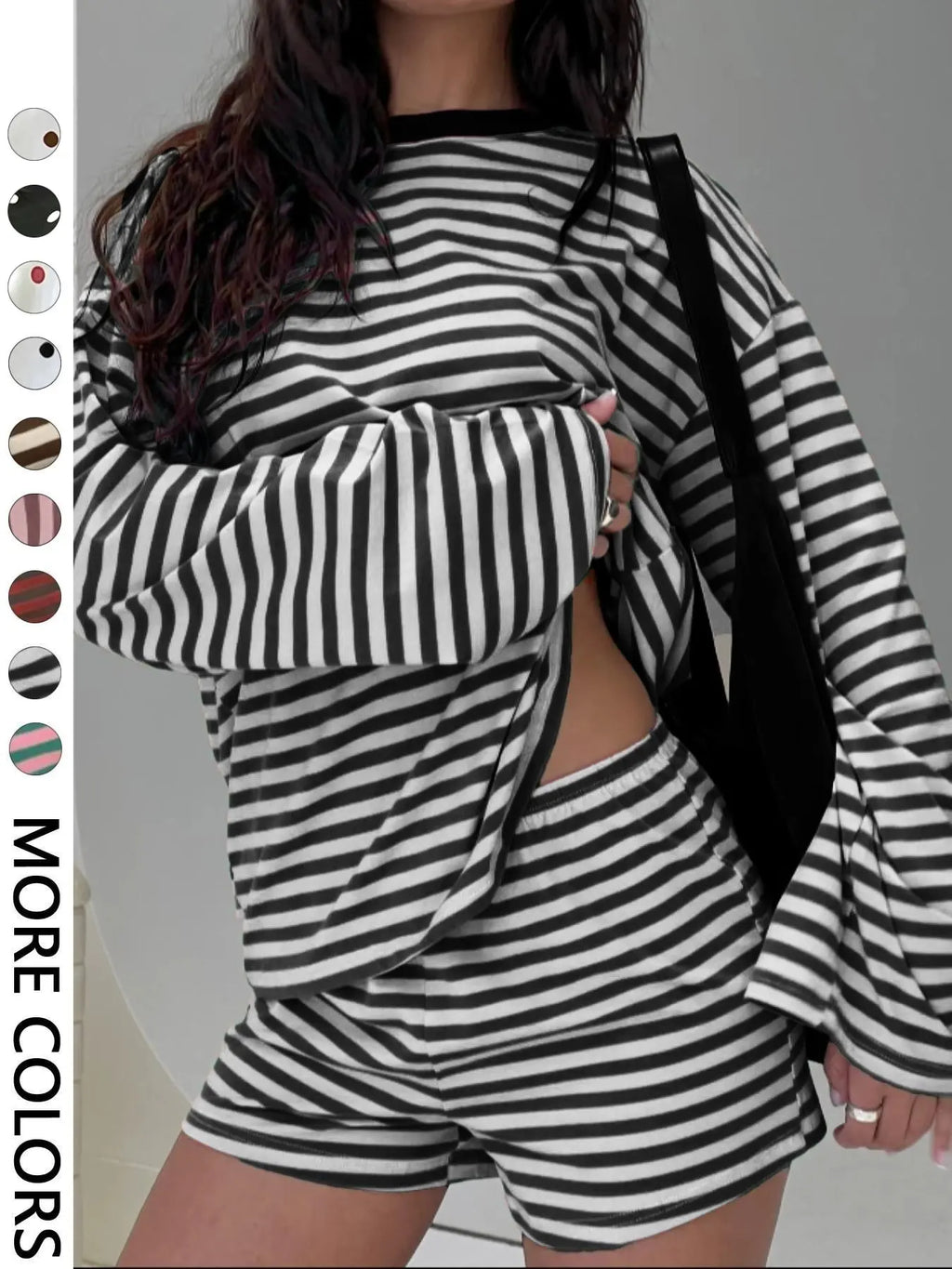 Valentine's Day Women's Casual Striped Long Sleeve Top & Shorts Set, Loose Fit, All Season, Comfortable Travel Clothing for Daily Wear, Two Pieces Outfits