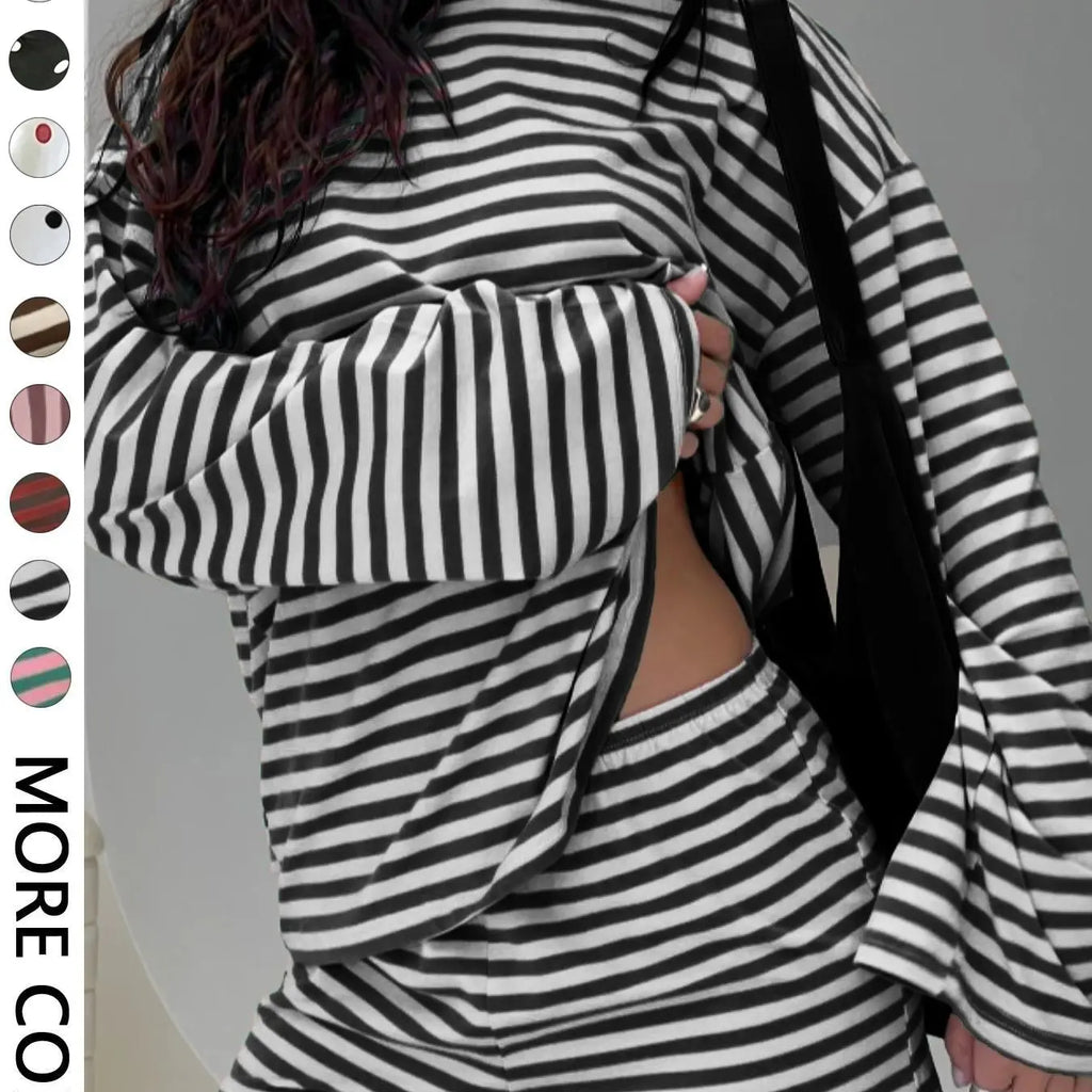 Valentine's Day Women's Casual Striped Long Sleeve Top & Shorts Set, Loose Fit, All Season, Comfortable Travel Clothing for Daily Wear, Two Pieces Outfits