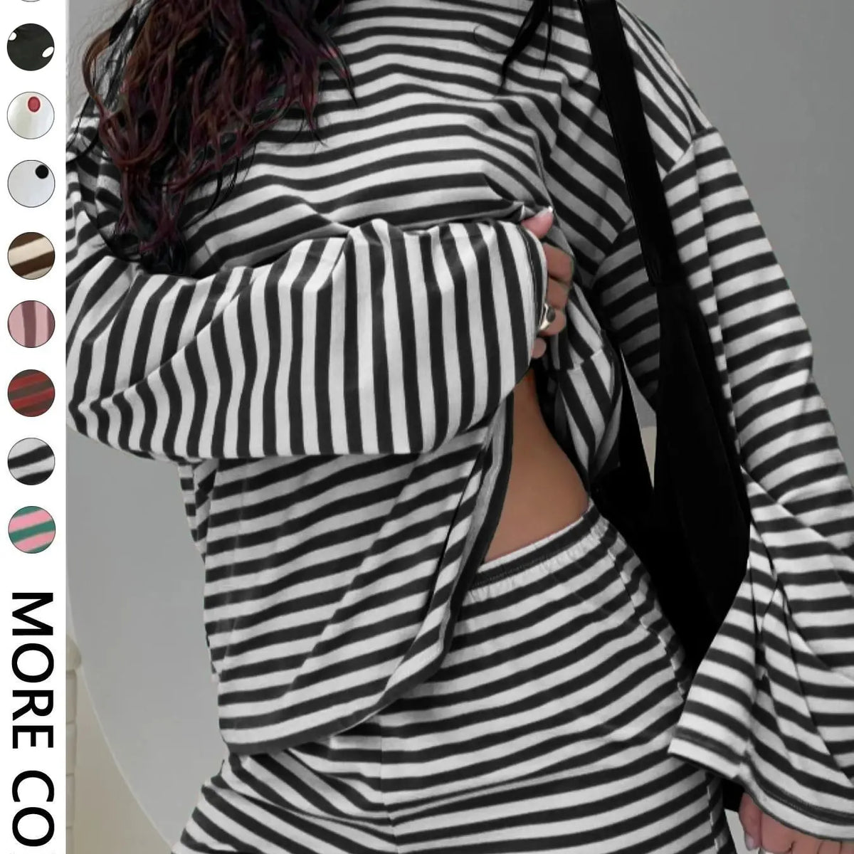 Valentine's Day Women's Casual Striped Long Sleeve Top & Shorts Set, Loose Fit, All Season, Comfortable Travel Clothing for Daily Wear, Two Pieces Outfits