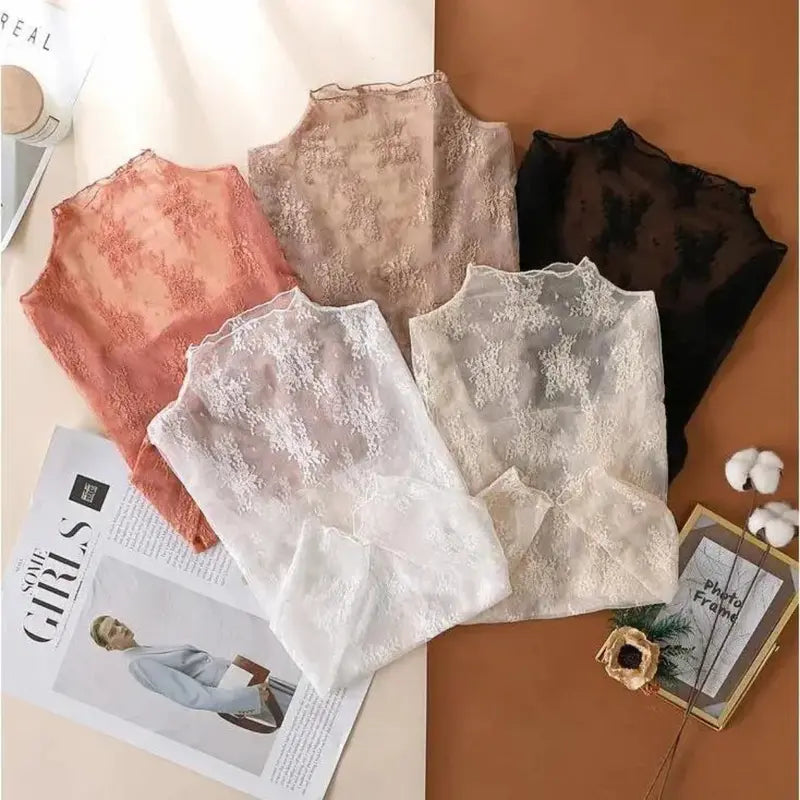 Women's 3-Pack Sheer Floral Embroidery Lace Long Sleeve Mock Neck Blouse Shirts (Black+White+Coffee) - Shirts for Women, Feminine Look, All Seasons Sports & Outdoor Camping Travel Essentials Tops