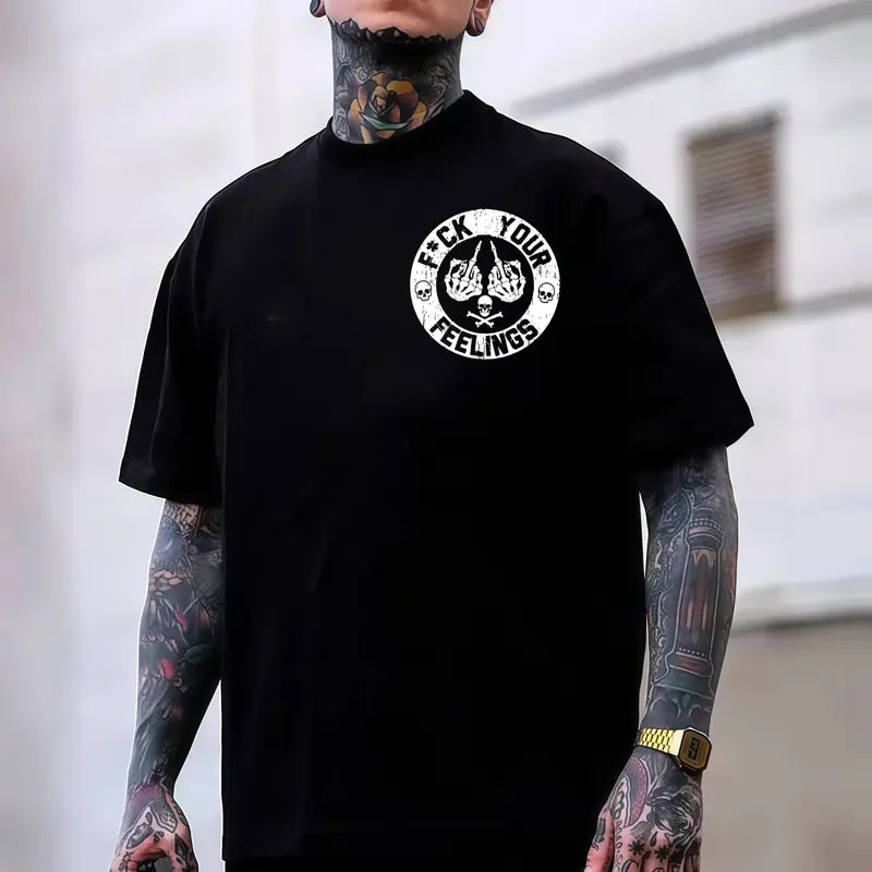 Men's "F*ck Your Feelings" Skull Graphic T-Shirt, Short-Sleeve Round Neck Loose Menswear, Bold Statement Limited Edition Fashion Streetwear Casual Angel Tee tiktokshopspringglowup,summervibes Cotton Tops Black Crewneck Tropical
