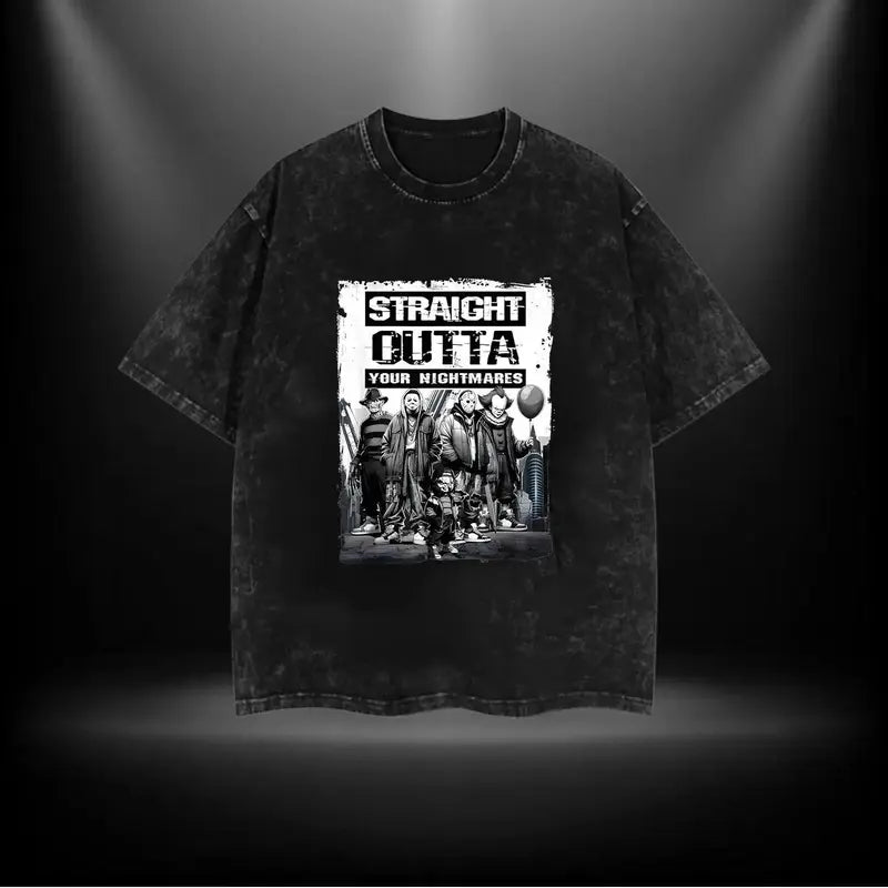 Straight Outta Nightmares" Men's Vintage Horror Halloween T-Shirt - 100% Cotton Casual Round Neck  gifts