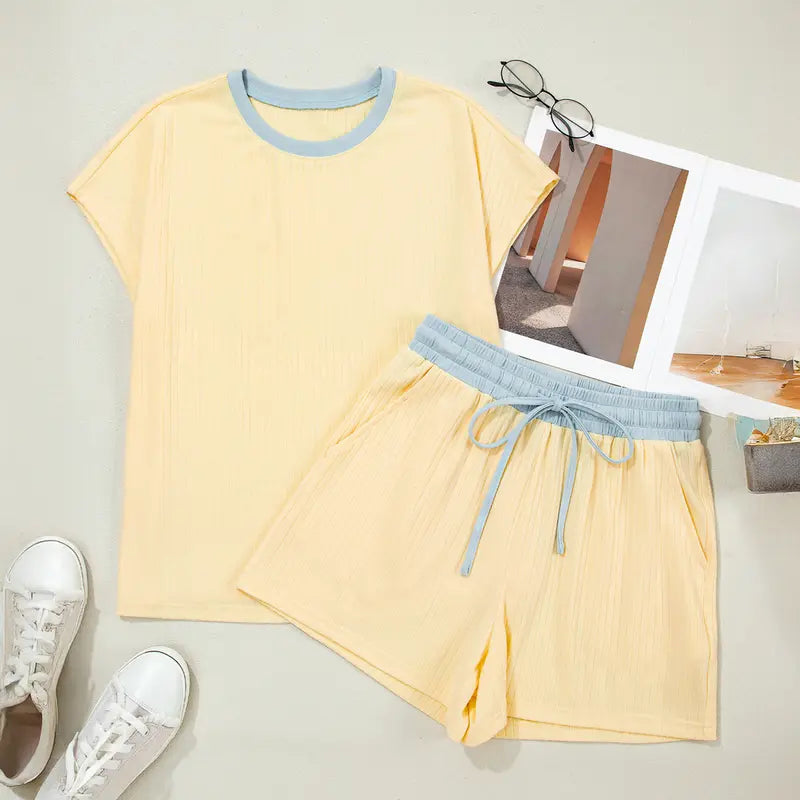 Asvivid Womens Soft Ribbed Two Piece Sets Color Block Trim Tops Casual Short with Pocket Womenswear 2 PCS Set Summer Vacation Outfits