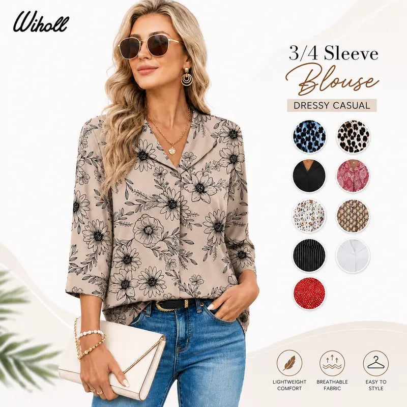 WIHOLL Women's Chic 3/4 Sleeve V-Neck Blouse - Soft, Breathable, Quick Dry Business Casual Top, Women's Tops and Blouses, Corporate Office Wear, Summer to Fall Essential, Going Out Option
