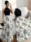 Concert Outfit Dress Women's Casual Feminine Elegant Chic Party Tank Top, Floral Print Patchwork Waist Dress, Medium-Length Sleeveless Summer, Casual Elegant Dresses, Womenswear