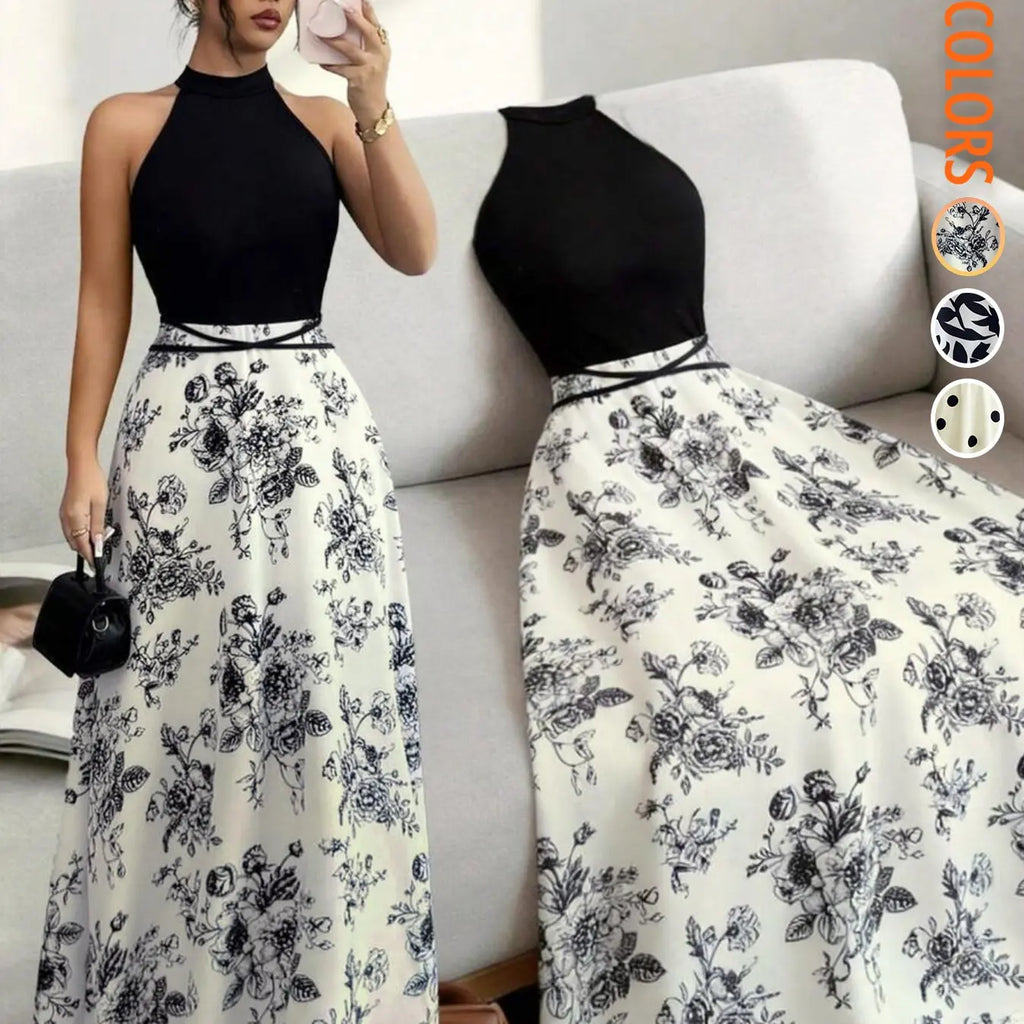 Concert Outfit Dress Women's Casual Feminine Elegant Chic Party Tank Top, Floral Print Patchwork Waist Dress, Medium-Length Sleeveless Summer, Casual Elegant Dresses, Womenswear