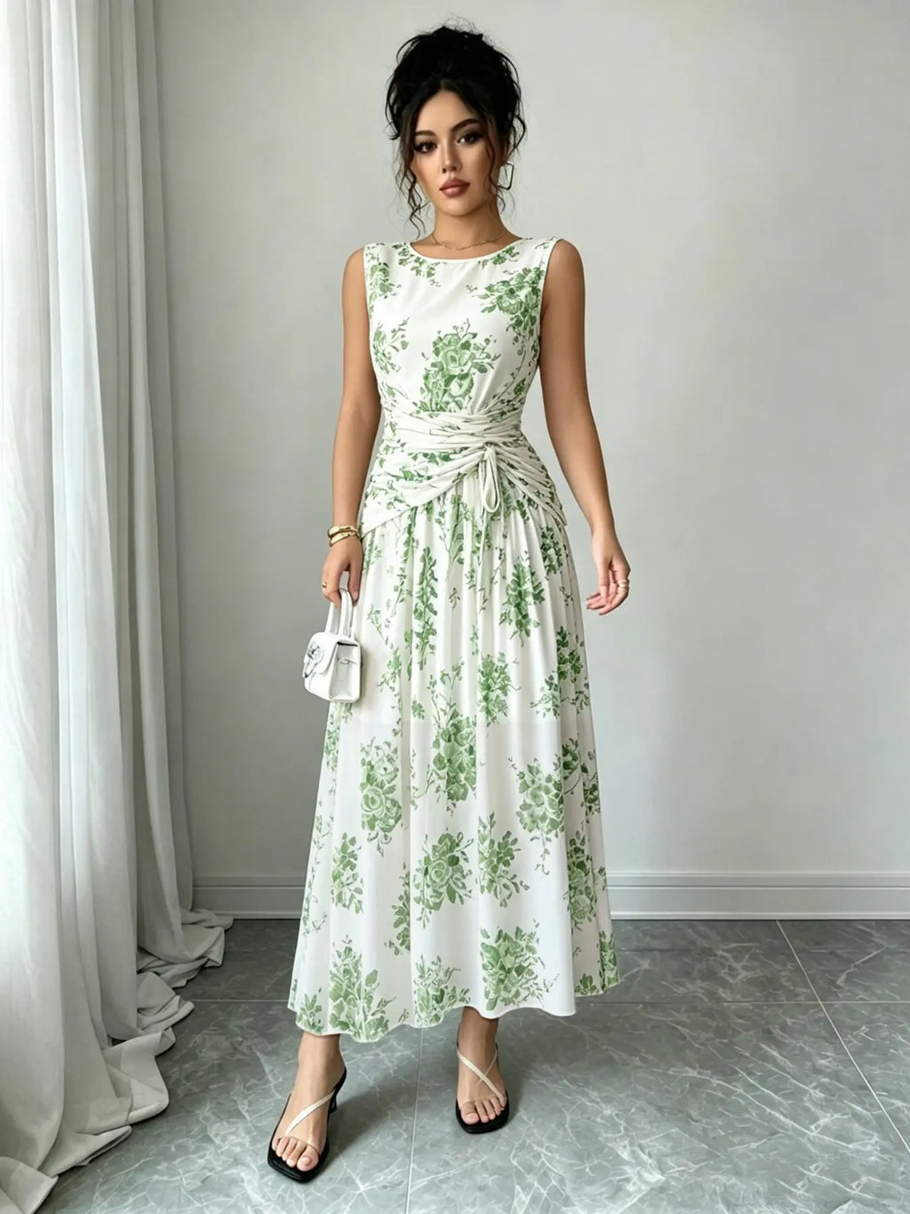 Women's Elegant Boho Floral Print Lightweight Mesh A-Line Dress, Sleeveless Adjustable Drawstring Design Long Formal Party Gown, Comfortable Office Wear, Chic Evening Dress, Versatile Daily Wear