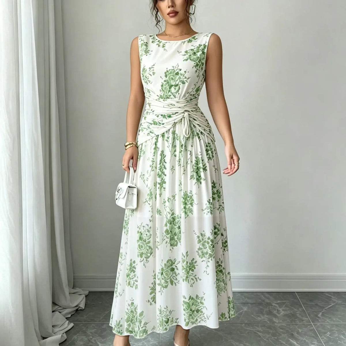 Women's Elegant Boho Floral Print Lightweight Mesh A-Line Dress, Sleeveless Adjustable Drawstring Design Long Formal Party Gown, Comfortable Office Wear, Chic Evening Dress, Versatile Daily Wear