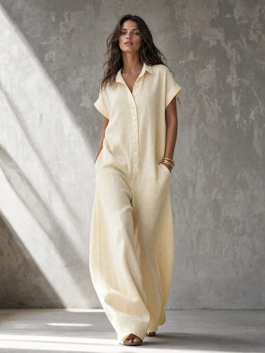 Women's Casual Minimalist Loose-Fitting Jumpsuit, Summer Short Sleeve Collared Print Jumpsuit, Wide Leg Long Pants with Button Closure