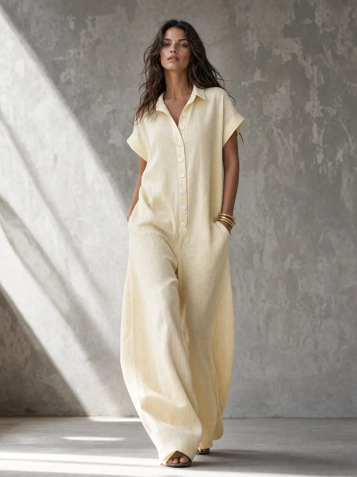 Women's Casual Minimalist Loose-Fitting Jumpsuit, Summer Short Sleeve Collared Print Jumpsuit, Wide Leg Long Pants with Button Closure